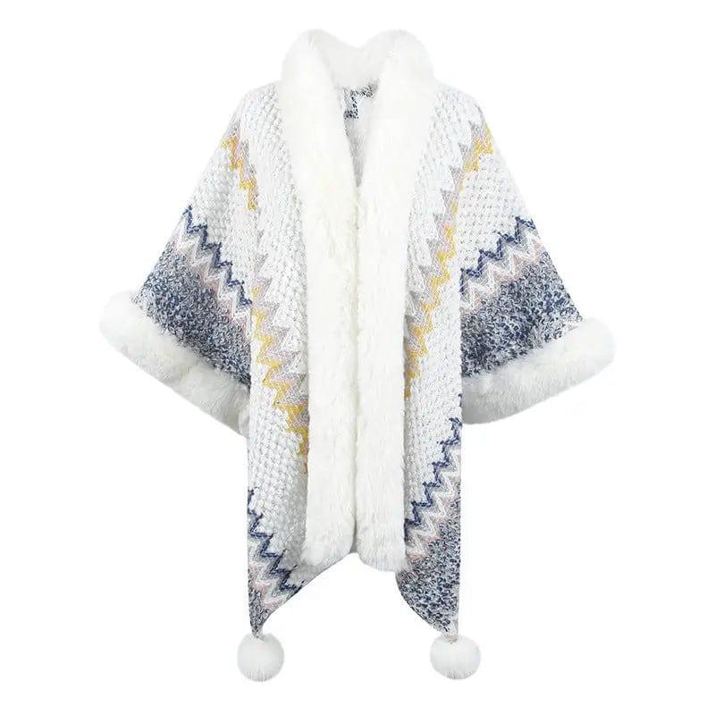 Cheky - Women's Fur Collar Inverness Striped Ethnic Style