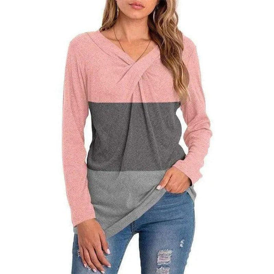 Cheky - Women's New V-neck Long-sleeved Stitching T-shirt Top