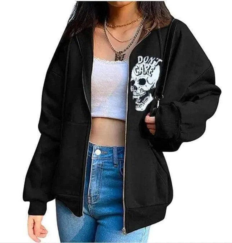 Cheky - Women's Streetwear Hooded Jacket Skeleton Print Coat Loose