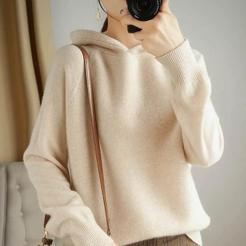 Cheky - Wool Sweater Women's Hooded Pullover Long-sleeved Knitted